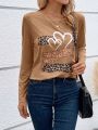 SHEIN LUNE Women's Love Heart & Leopard Print Long Sleeve T-shirt