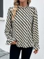 SHEIN Frenchy All Over Printed Long Sleeve Shirt With Ruffle Collar