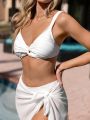 SHEIN Leisure Women's Twisted Detail Texture Bikini Swimsuit Set With Knotted Side Swim Skirt Cover Up