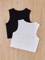 SHEIN Kids QTFun Big Girls' Knit Solid Color Heart Pattern Tank Top 2pcs Set