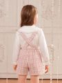 SHEIN Young Girl Peter Pan Collar Blouse & Plaid Print Suspender Shorts