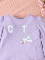 SHEIN Kids EVRYDAY Toddler Girls' Unicorn Printed Letter Printed Rhinestone Casual Comfortable 2pcs Outfit