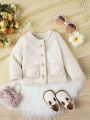 Baby Girl Contrast Trim Pocket Patched Teddy Coat