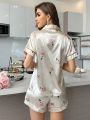 Women's Floral Print Colorblock Trim Satin Short Sleeve Pajama Set With Shorts