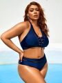 SHEIN Swim BAE Women's Plus Size Blue Halter Neck Swimsuit With Tie