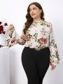 SHEIN Clasi Plus Size Floral Printed Flared Sleeve Stand Collar Shirt