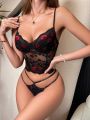 2pcs/Set Women'S Lip Printed & Embroidered Lingerie Set (Valentine'S Day Edition)