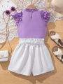 SHEIN Kids FANZEY Tween Girl Ruffle Collar Fly Sleeve Shirt With Detachable Belt And Shorts