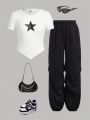 SHEIN Kids Cooltwn Tween Girls' Cool Street Style Knit Star Print Round Neck Top And Drawstring Jogger Pants