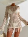 SHEIN Swim Vcay Women'S Apricot Colored Knit Hollow Out Long Sleeve Cardigan Dress