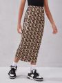 SHEIN Kids Cooltwn Teenage Girls' High Waist Printed Midi Skirt