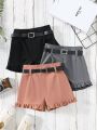 SHEIN Kids FANZEY Toddler Girls' Solid Color Shorts For Spring And Summer