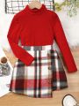 SHEIN Kids Y2Kool Toddler Girls' Fashionable Sweetheart Knit Round Neck Long Sleeve Shirt And Plaid Skirt