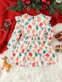 SHEIN Kids QTFun Toddler Girls' Lovely Christmas Printed Flared Sleeve Waist-tie Dress