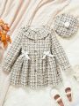 SHEIN Kids FANZEY Young Girl Plaid Dress With Bow Decoration And Hat