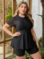 SHEIN Swim Classy Plus Size Women's Mesh Splicing Short Sleeve Zip Up Half Placket Bikini