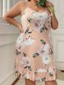 Plus Size Women's Floral Print Spaghetti Strap Nightgown With Ruffle Hem Design