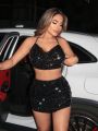 SHEIN SXY Gorgeous Women's Black Shiny Sheer Mesh Sequins Sexy Nightclub Irregular Shiny ElegantMini High Waist Hip Bodycon Skirt