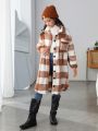 SHEIN Tween Girl Buffalo Plaid Print Drop Shoulder Flap Pocket Teddy Coat