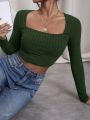 Square Neck Ribbed Knit Crop Tee