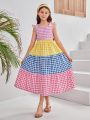 SHEIN Kids SUNSHNE Tween Girls' Plaid & Color Block Splicing Vacation Style Dress With Square Neckline And Flare Sleeves