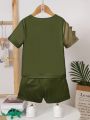 SHEIN Kids QTFun Toddler Boys' Cute Dinosaur Printed Round Neck T-Shirt And Shorts Set