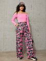 SHEIN Teen Girls' Off Shoulder T-shirt And Camo Side Pocket Long Pants Two Piece Outfits