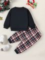 Fall And Winter Infant Boys' Deer & Plaid Print Sweatshirt And Jogger Pants Set