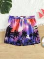 Teenage Boys' Coconut Tree Pattern Drawstring Swim Shorts