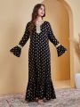 SHEIN Teen Girls' Polka Dot Print Long Dress With Gold Foil Detailing, Lace Trim And Flare Sleeves