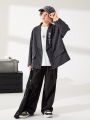 SHEIN Kids EVRYDAY Boys' Casual Striped Jacket With Shawl Collar And Letter Print