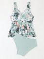 Teen Girl Tropical Print Ruffle Hem Bikini Swimsuit