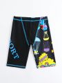 Tween Boy's Cartoon & Letter Print Swim Trunks