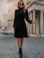 High Neck Shirred Detail Lantern Sleeve Dress