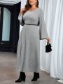 SHEIN Privé Plus Size Women's Elegant Flared Sleeve Ribbed Bodycon Dress