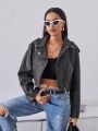 SHEIN Essnce Women's Pu Water-washed Vintage Motorcycle Jacket