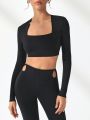 SHEIN Leisure Solid Square Neck Crop Tee & Cut Out Waist Leggings