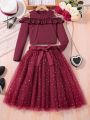 SHEIN Kids SUNSHNE Big Girls' Off-shoulder Ruffle Top With Star & Moon Mesh Belted Skirt Set