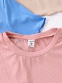 SHEIN Kids SUNSHNE 4pcs/Set Girls' Solid Color Ribbed Knit Casual T-Shirts