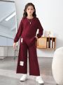 SHEIN Kids EVRYDAY Teenage Girls' Knitted Letter Patchwork Sweater & Loose Fit Long Pants Casual 2pcs Set