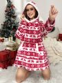 Christmas Elk & Geo Print Drop Shoulder Hooded Flannel Night Dress