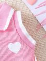 Baby Girl Sleeveless Heart Pattern Printed Vest Dress And Bag, Cute, Sweet, Elegant, Perfect For Outdoor Activities In Spring And Summer