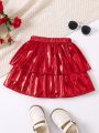SHEIN Kids Y2Kool Young Girl Two Layer Hem Metallic Skirt