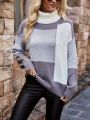 Women's High Neck Colorblock Drop Shoulder Sweater