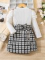 SHEIN Kids FANZEY Toddler Girls' Long Sleeve White Top + Plaid Skirt With Belt Fashionable Outfit For Elegant Look In Autumn And Winter