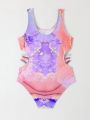 Marble Printed Hollow Out Girls' One Piece Swimsuit