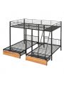 Triple Full Over Twin & Twin Size Metal Bunk Beds with Built-in Ladder Headboard and Footboard for Family Bedrooms, Divided into Three Separate beds with Drawers and Guardrails