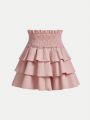 SHEIN Kids EVRYDAY Girls' High Waist Double Layered Jacquard Skirt With Ruffled Trim, Bowknot Decor