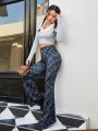 SHEIN Qutie Checked High Waisted Flared Trousers