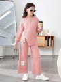 SHEIN Kids EVRYDAY Tween Girls Applique Round Neck Asymmetrical Hem Top And Long Pants Casual 2pcs Outfit